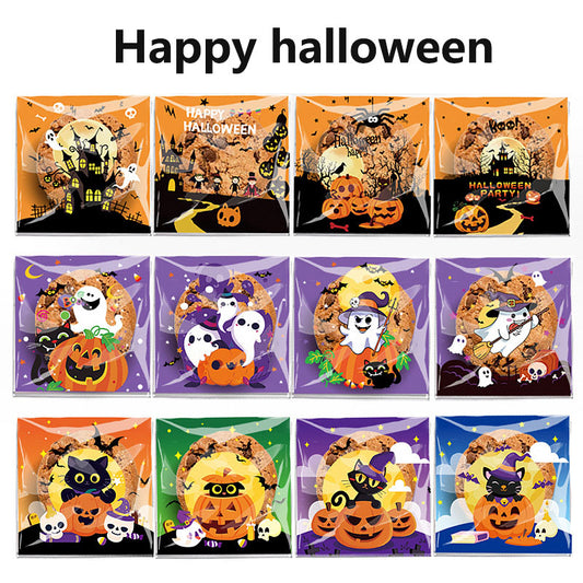 200pcs Halloween theme printed clear opp small self-adhesive biscuits candies wrap bags 3.93*3.93 inches