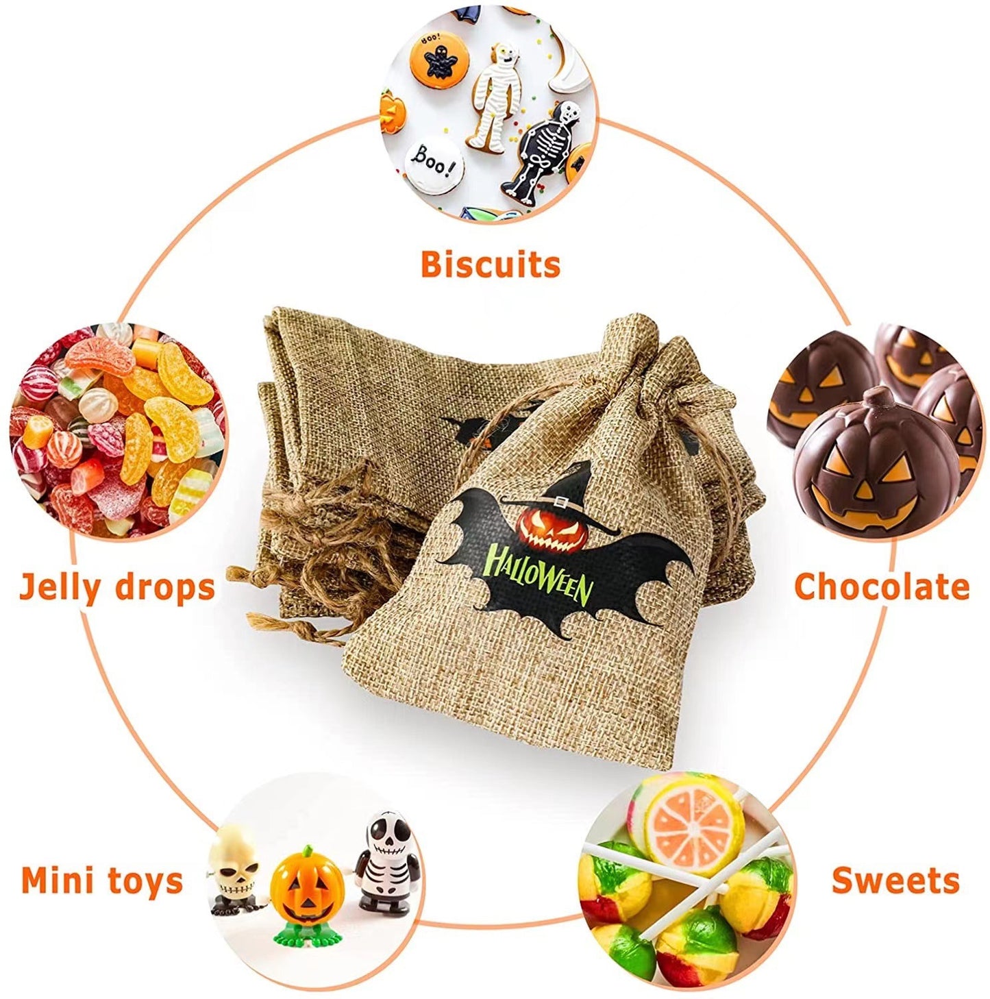 Halloween theme printed burlap biscuits candies bakery wrap bags with drawstrings,5.9*3.93 inches