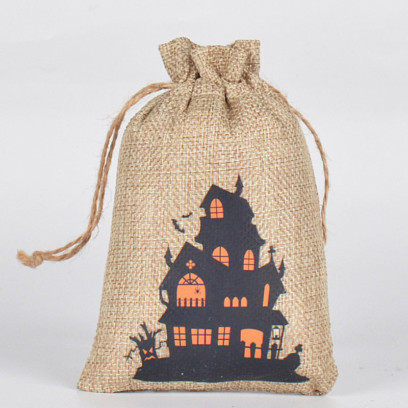 Halloween theme printed burlap biscuits candies bakery wrap bags with drawstrings,5.9*3.93 inches