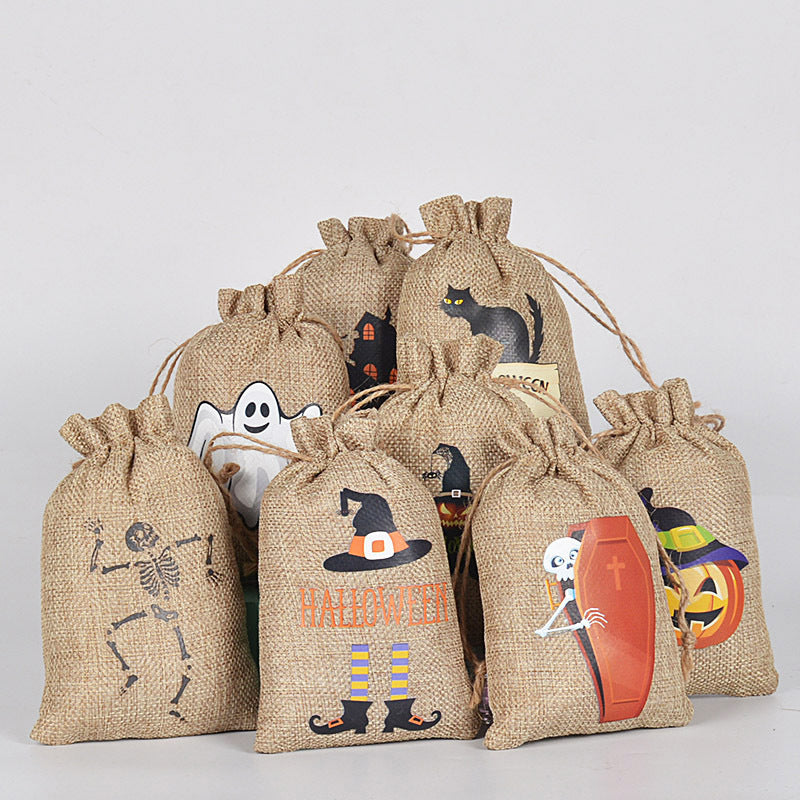 Halloween theme printed burlap biscuits candies bakery wrap bags with drawstrings,5.9*3.93 inches