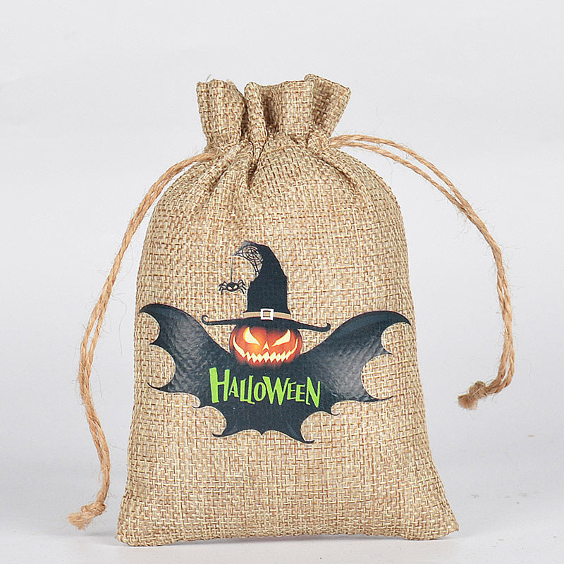 Halloween theme printed burlap biscuits candies bakery wrap bags with drawstrings,5.9*3.93 inches