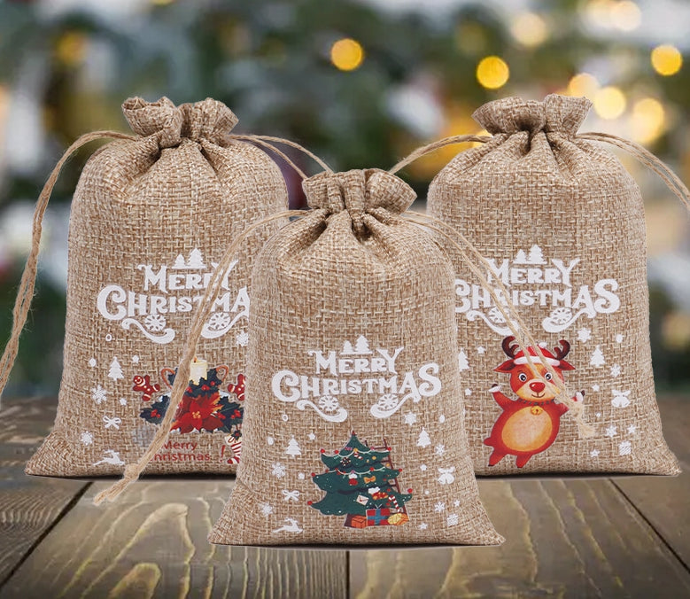 Christmas theme printed burlap biscuits candies bakery wrap bags with drawstrings,5.9*3.93 inches