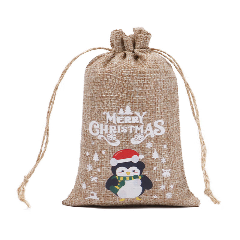 Christmas theme printed burlap biscuits candies bakery wrap bags with drawstrings,5.9*3.93 inches