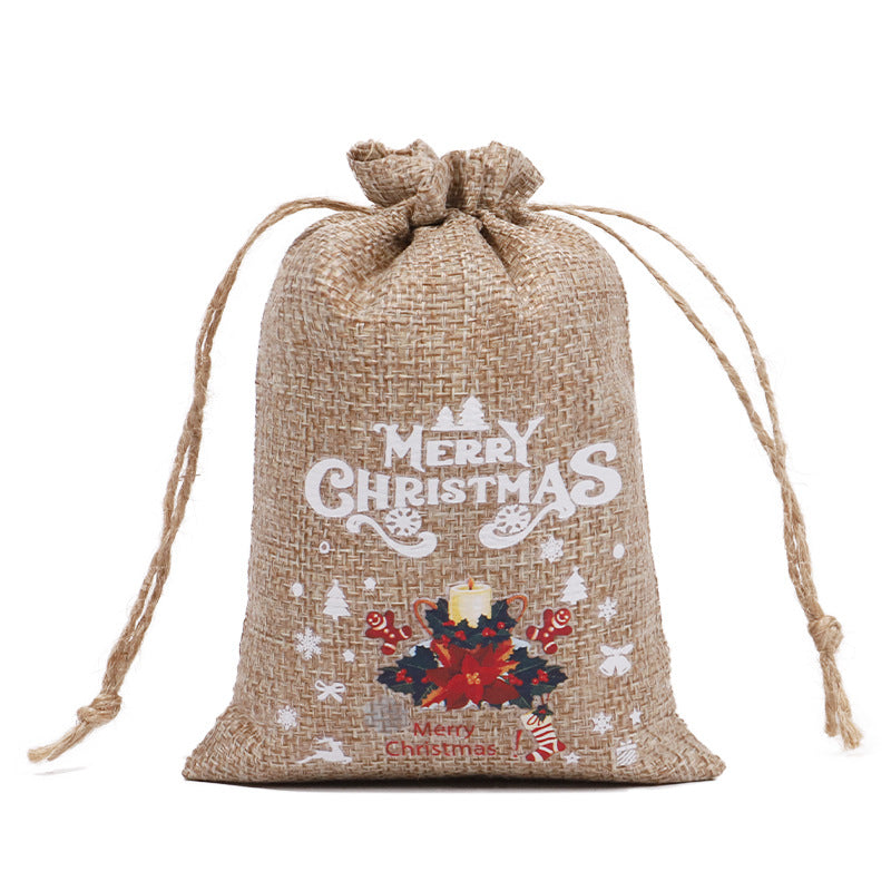 Christmas theme printed burlap biscuits candies bakery wrap bags with drawstrings,5.9*3.93 inches