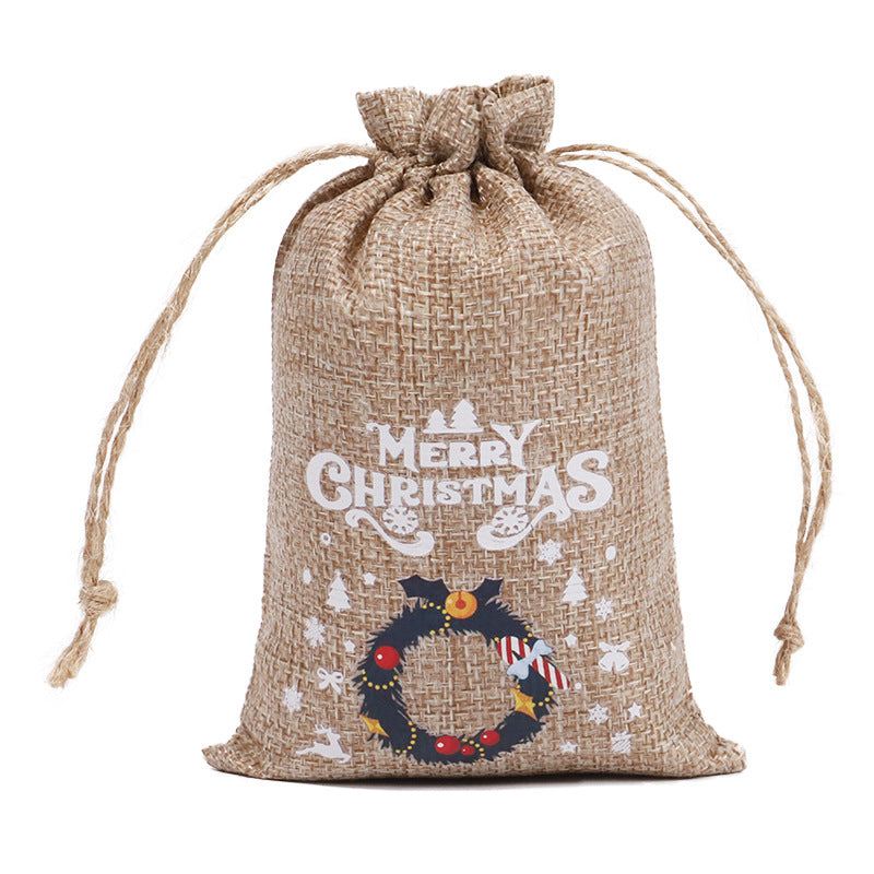 Christmas theme printed burlap biscuits candies bakery wrap bags with drawstrings,5.9*3.93 inches