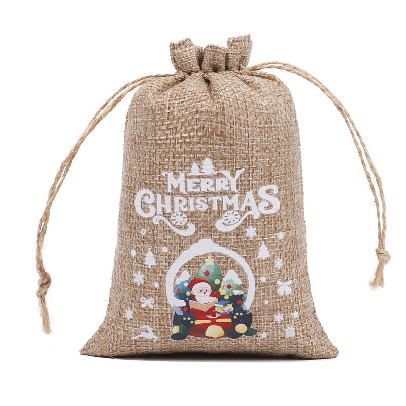 Christmas theme printed burlap biscuits candies bakery wrap bags with drawstrings,5.9*3.93 inches