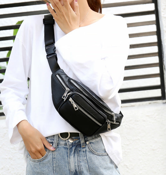 Black faux leather fanny waist pack crossbody purse for shopping travel