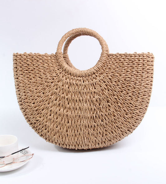 Straw handmade knitted summer beach tote handbag