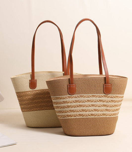 Chic handmade straw knitted summer beach tote handbag trapezoid bag HB2400019