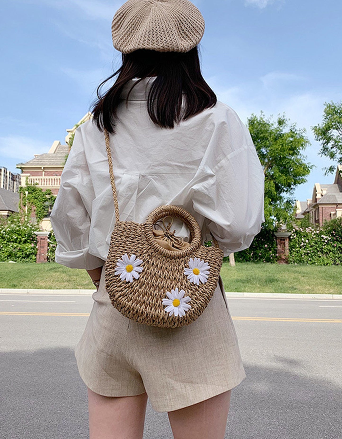 Straw handmade knitted summer beach tote handbag HB2400020