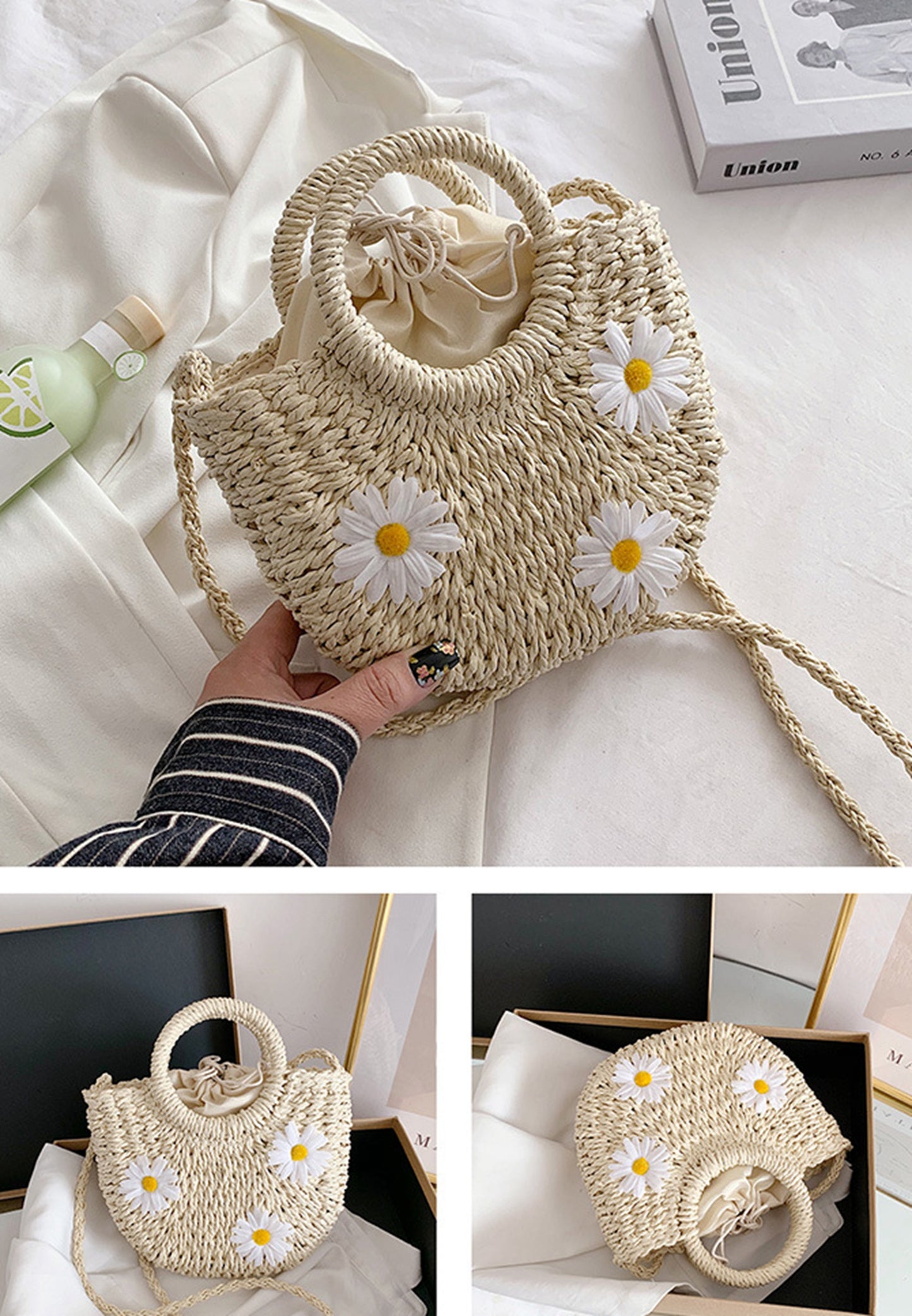 Straw handmade knitted summer beach tote handbag HB2400020