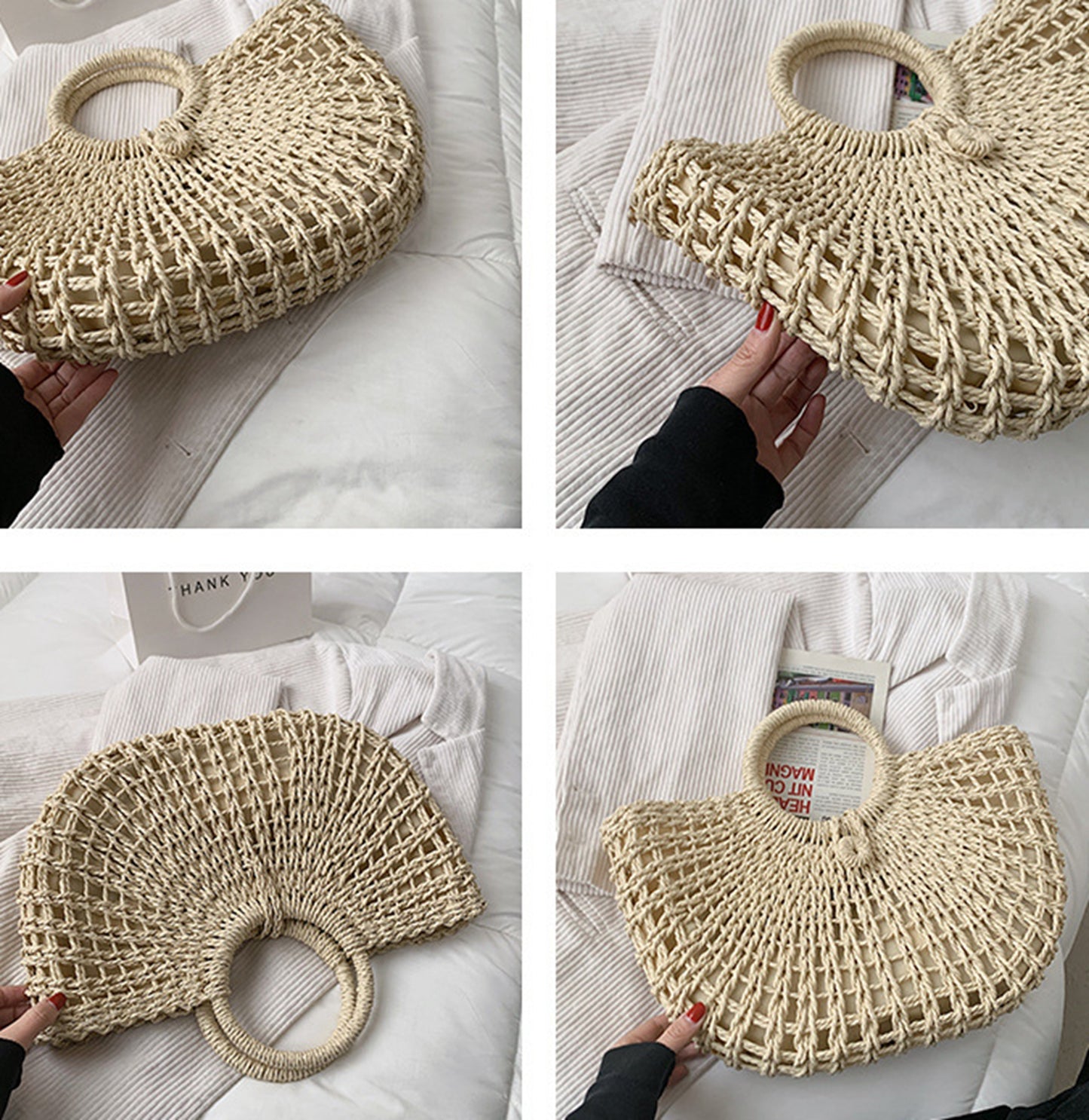 Straw handmade knitted summer beach tote handbag HB2400021