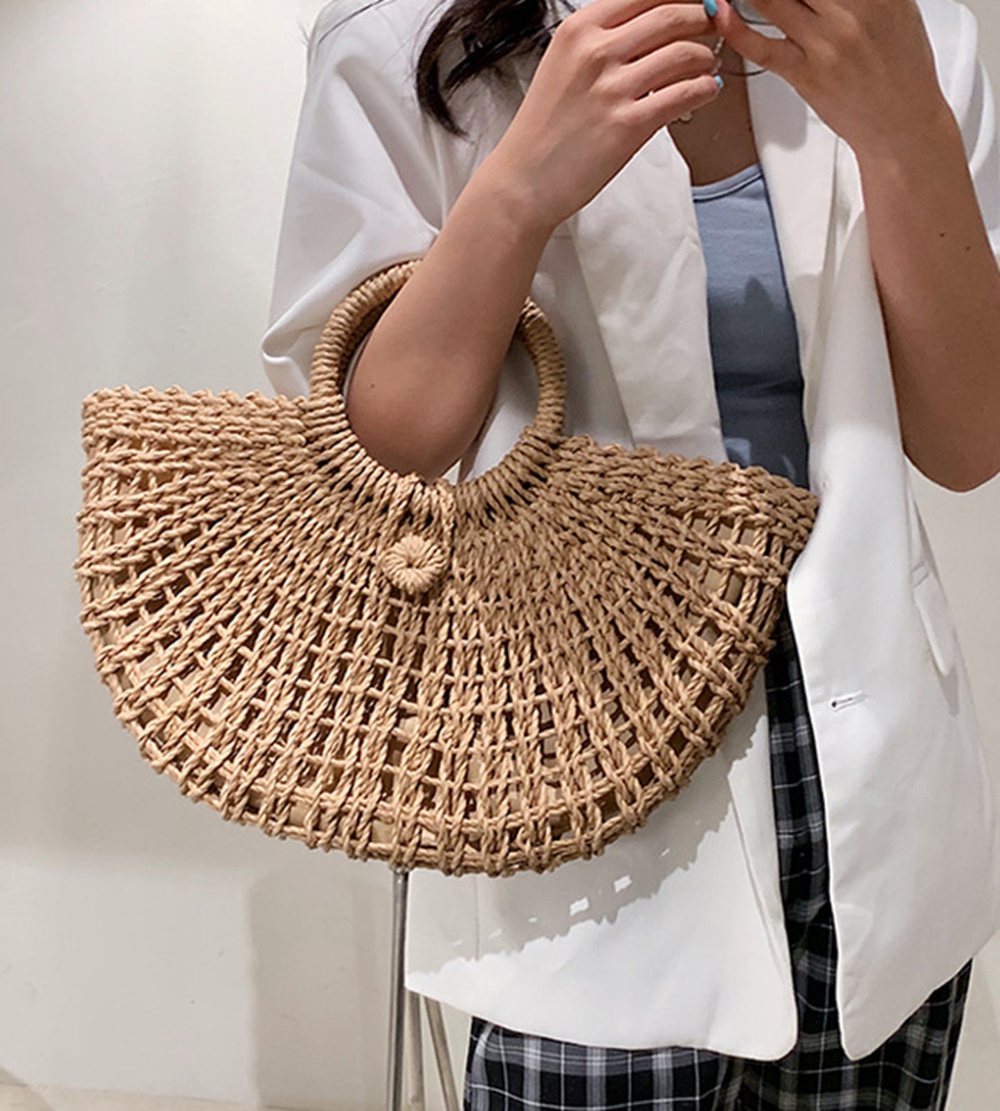 Straw handmade knitted summer beach tote handbag HB2400021