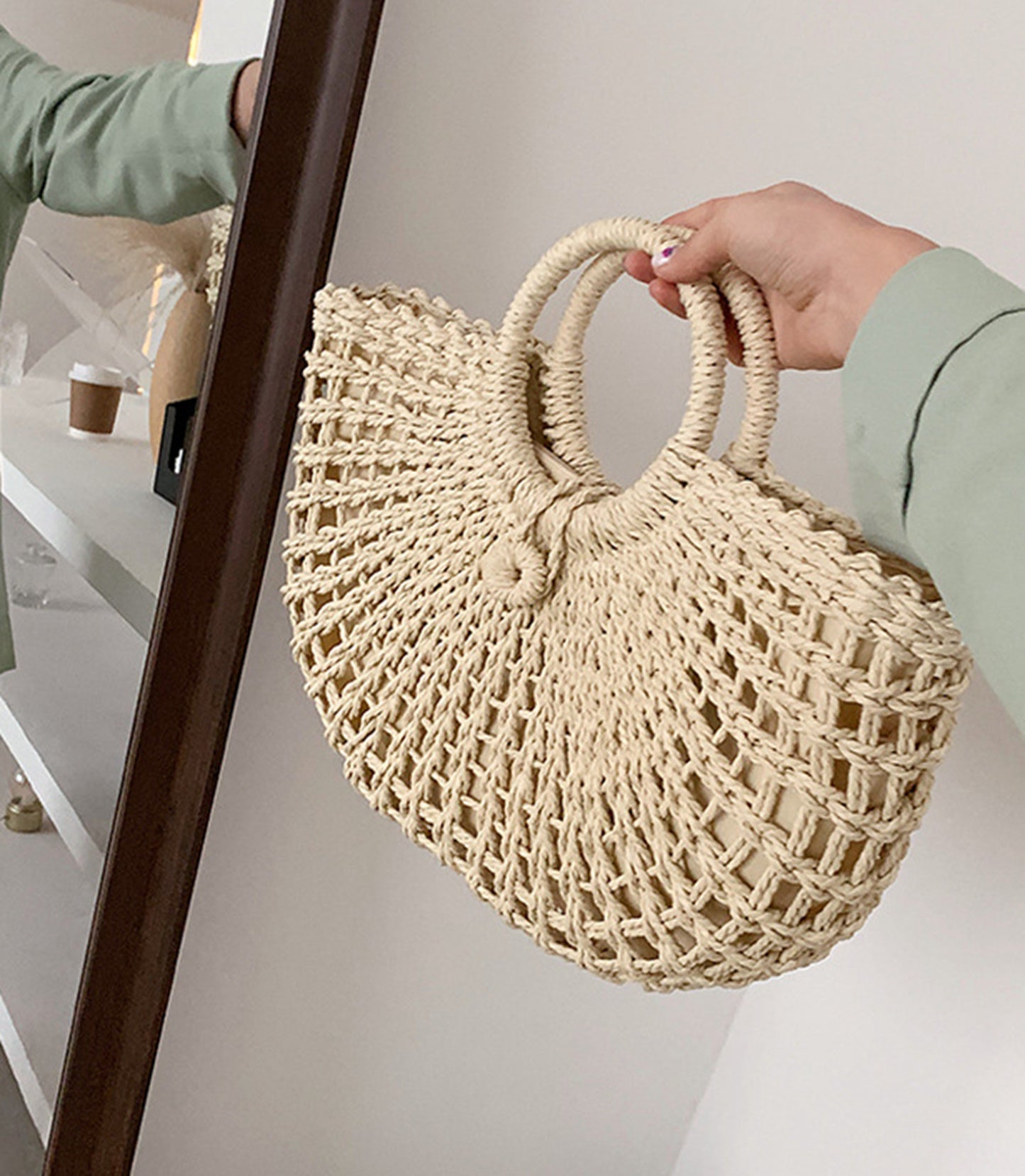 Straw handmade knitted summer beach tote handbag HB2400021