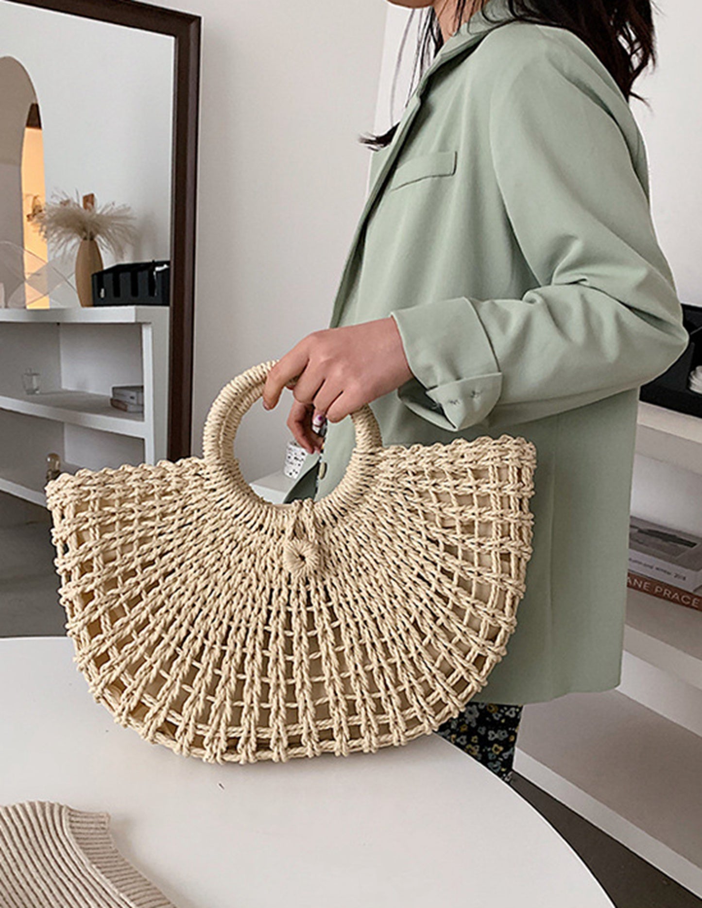 Straw handmade knitted summer beach tote handbag HB2400021