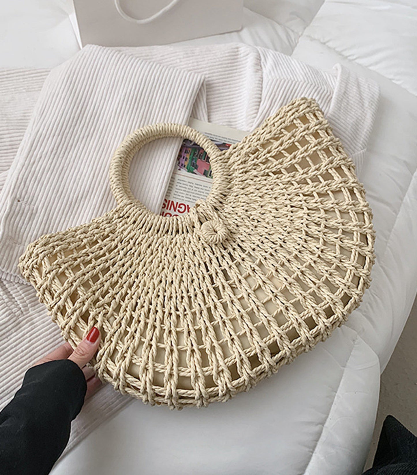 Straw handmade knitted summer beach tote handbag HB2400021