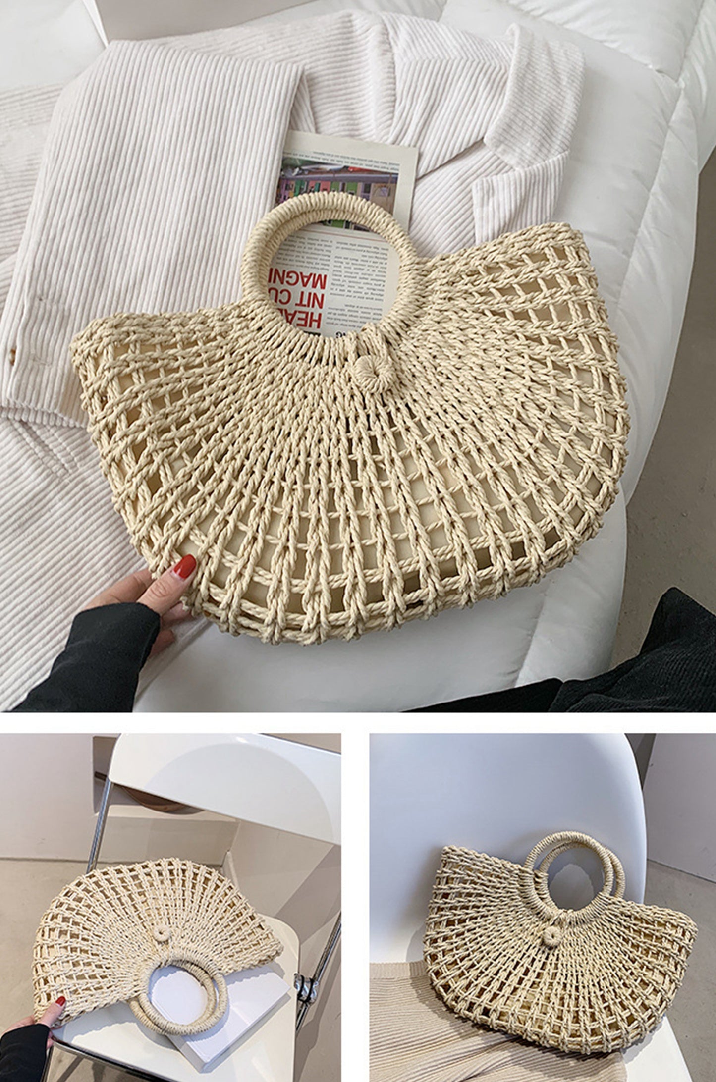 Straw handmade knitted summer beach tote handbag HB2400021