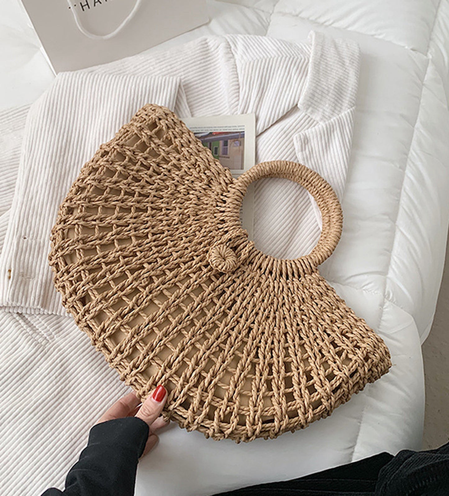 Straw handmade knitted summer beach tote handbag HB2400021