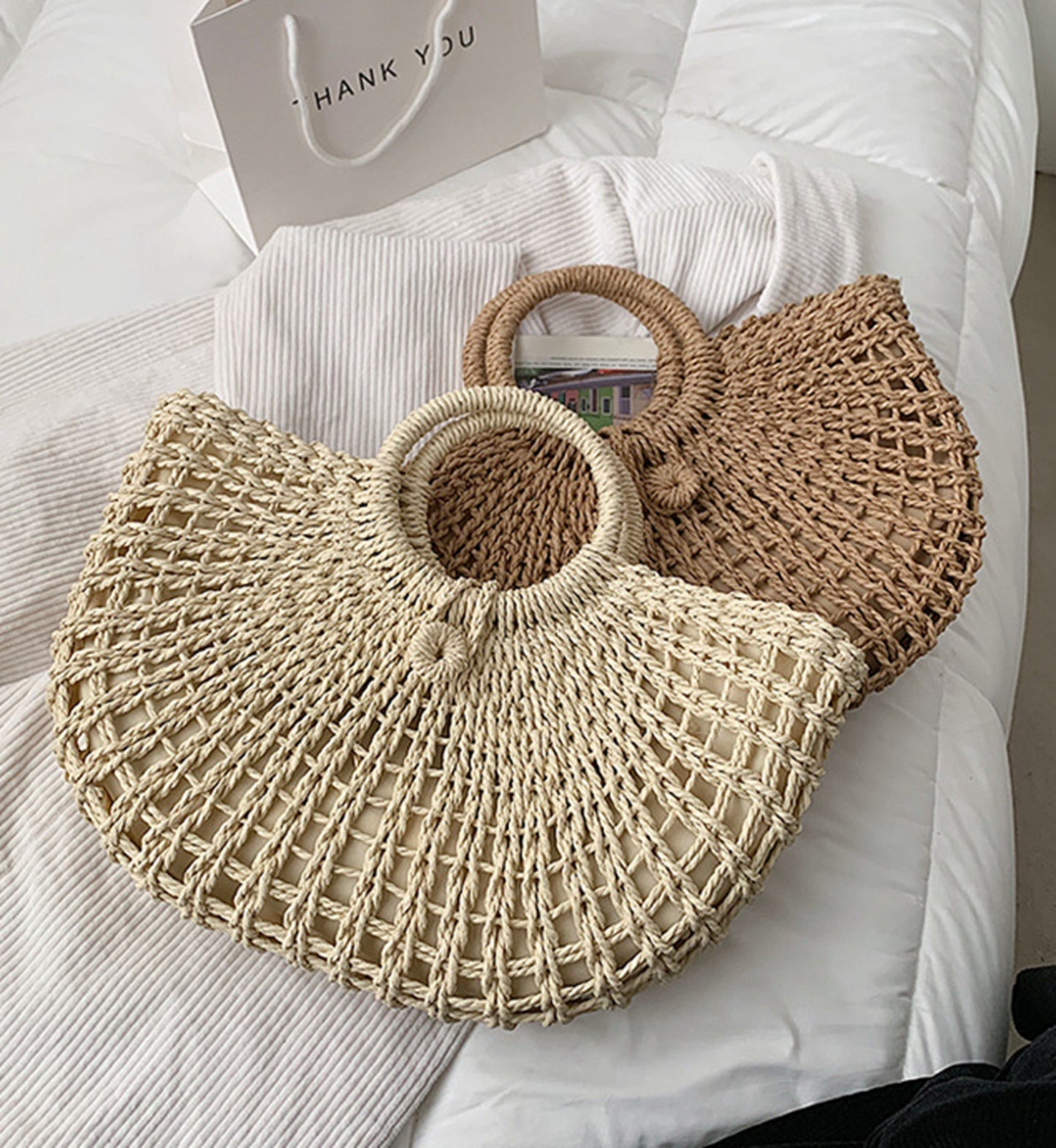 Straw handmade knitted summer beach tote handbag HB2400021