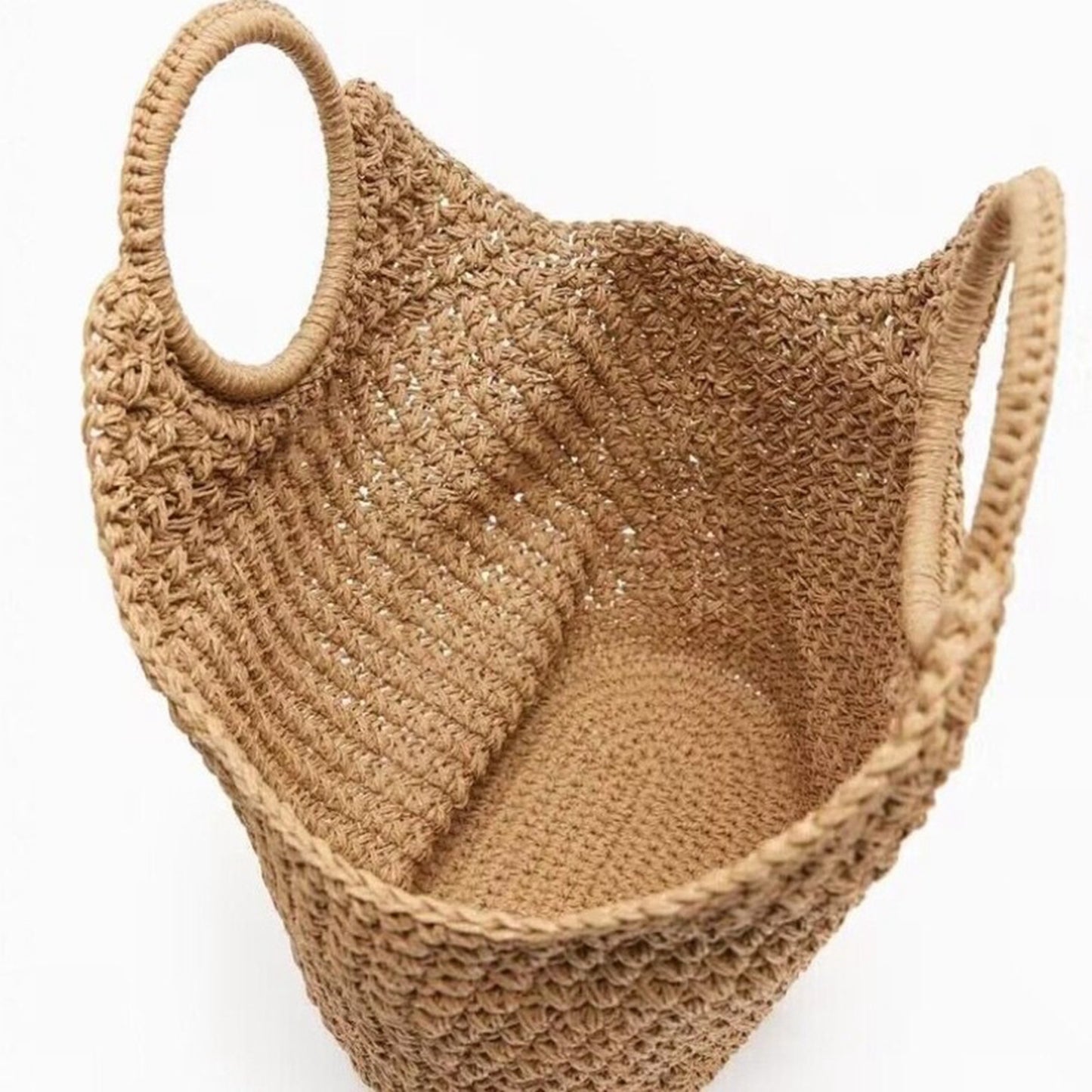 Khaki handmade straw knitted summer beach tote handbag