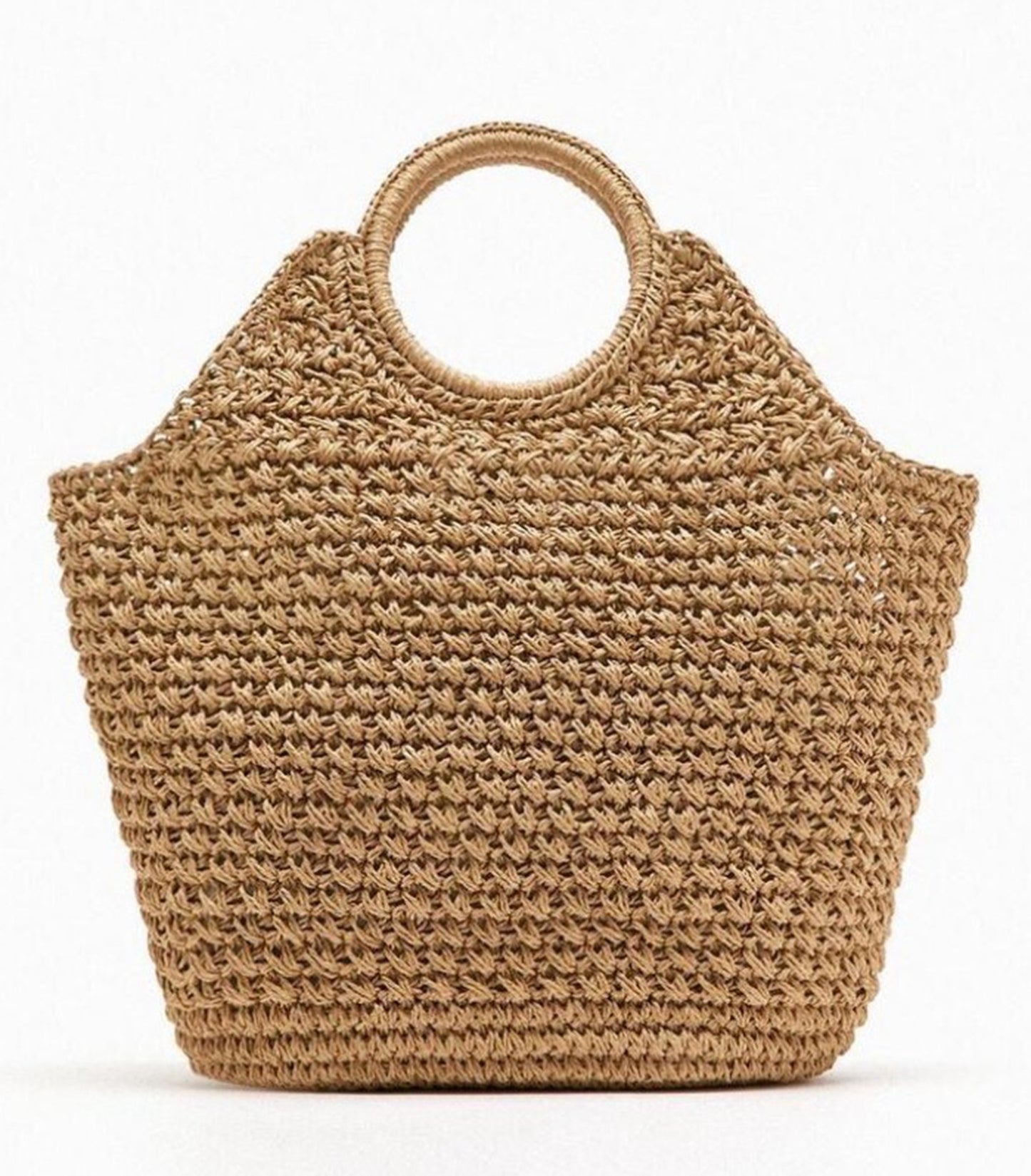 Khaki handmade straw knitted summer beach tote handbag