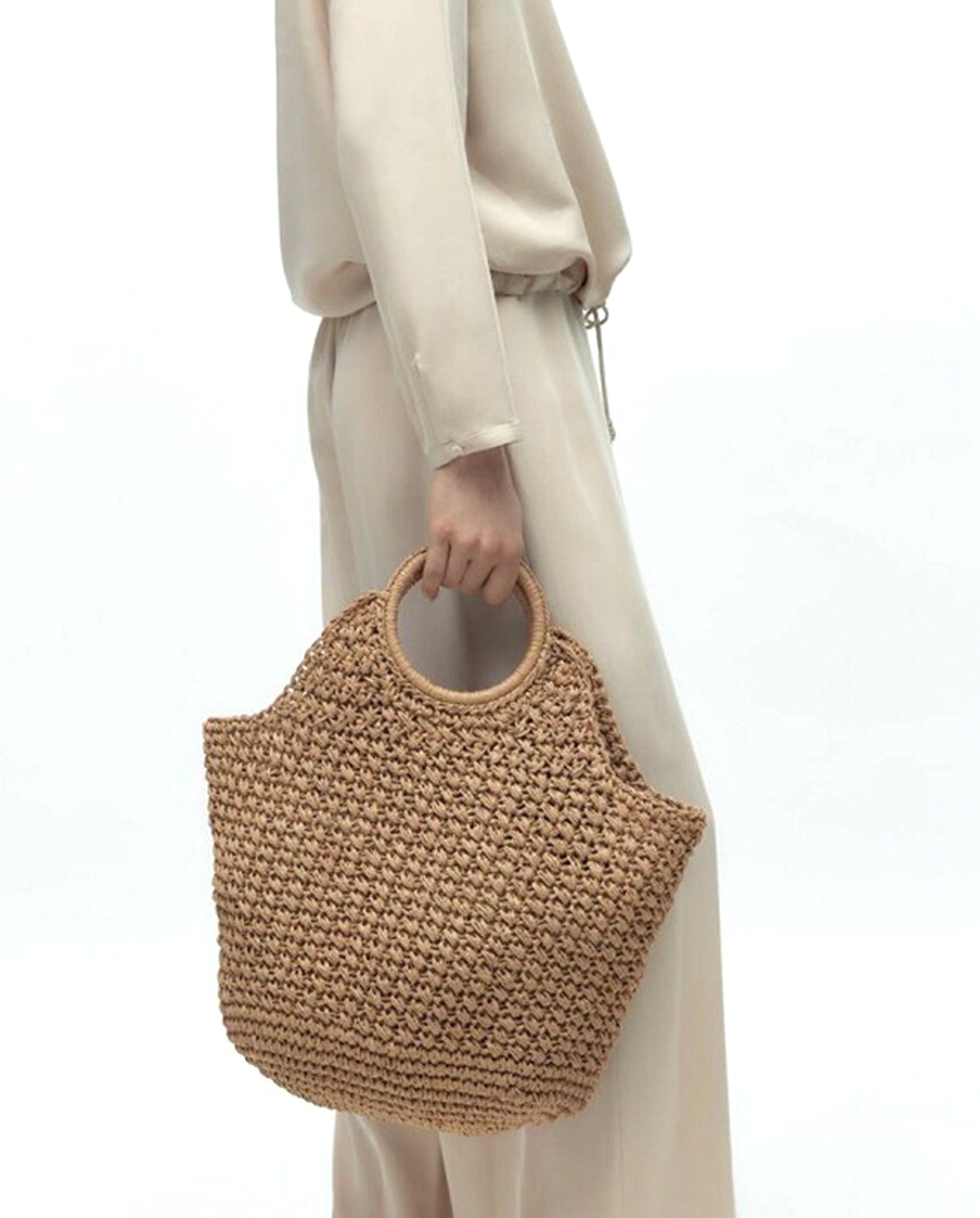 Khaki handmade straw knitted summer beach tote handbag