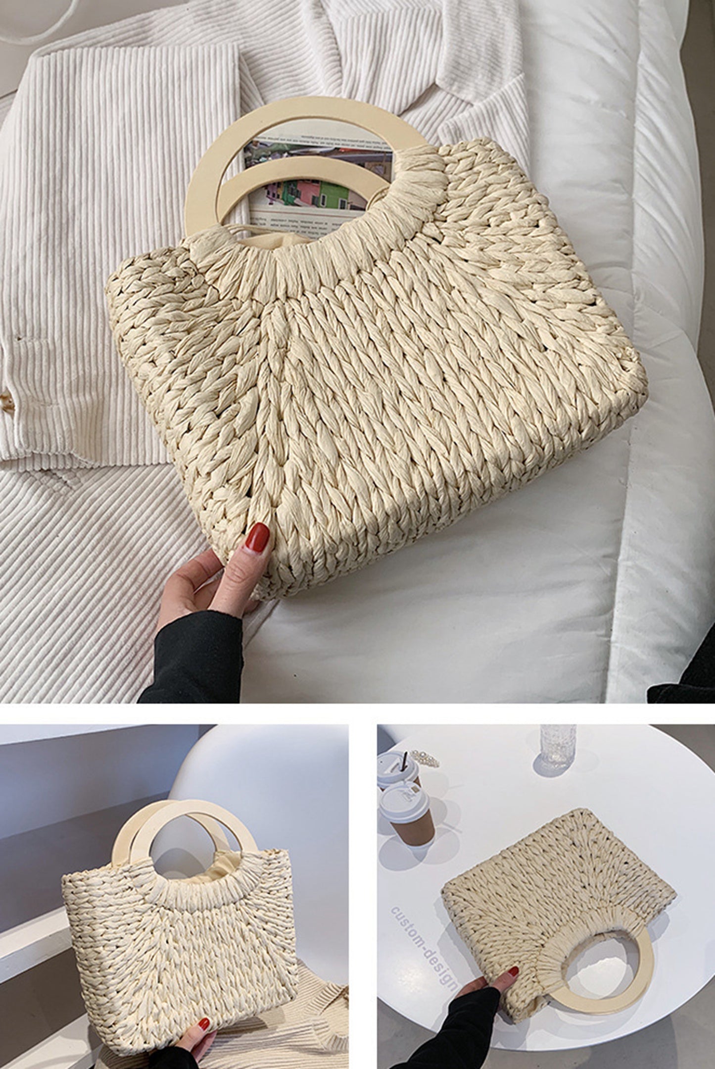 Handmade straw knitted summer beach square tote handbag