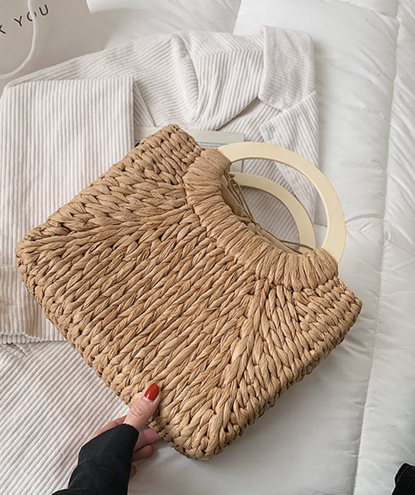 Handmade straw knitted summer beach square tote handbag