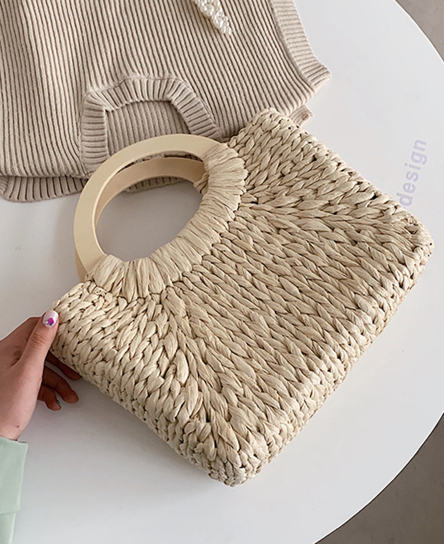 Handmade straw knitted summer beach square tote handbag