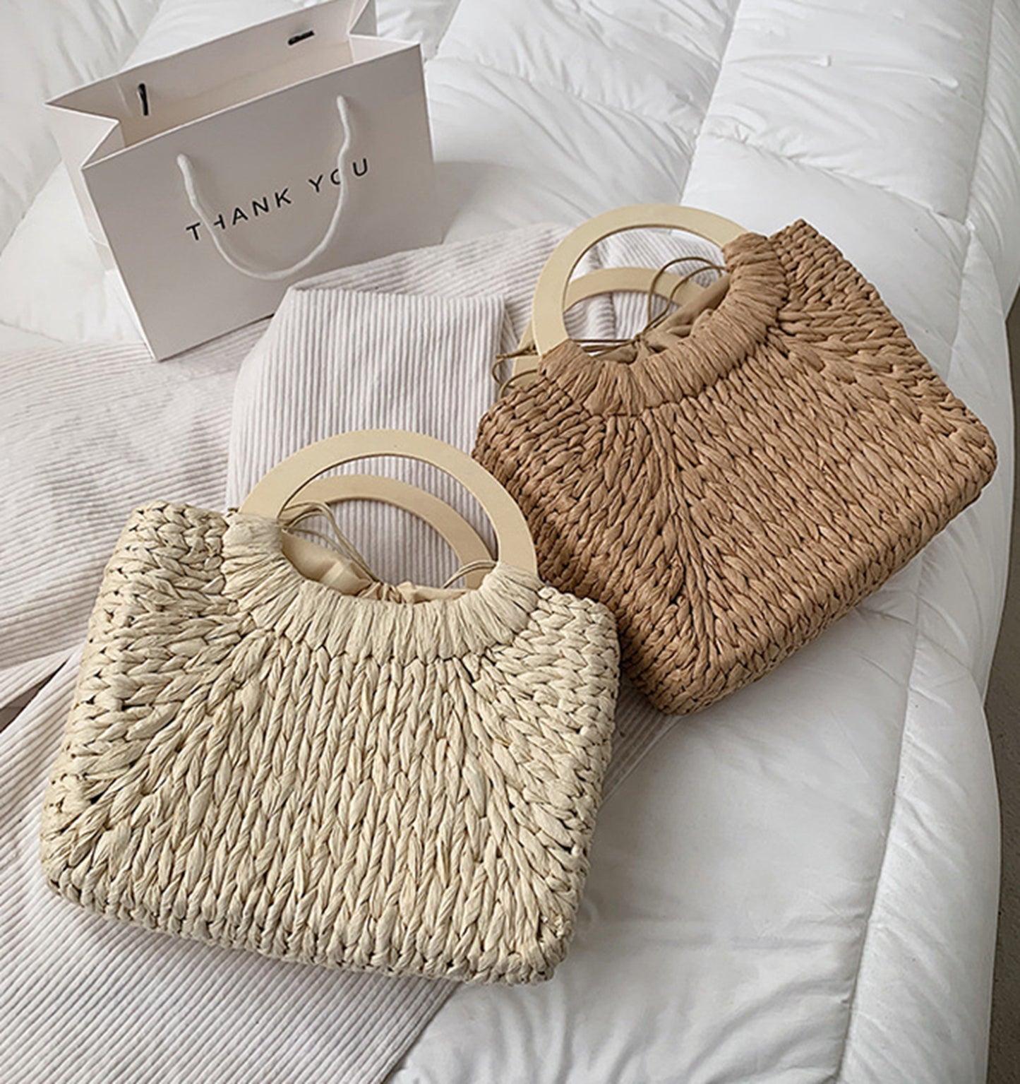 Handmade straw knitted summer beach square tote handbag