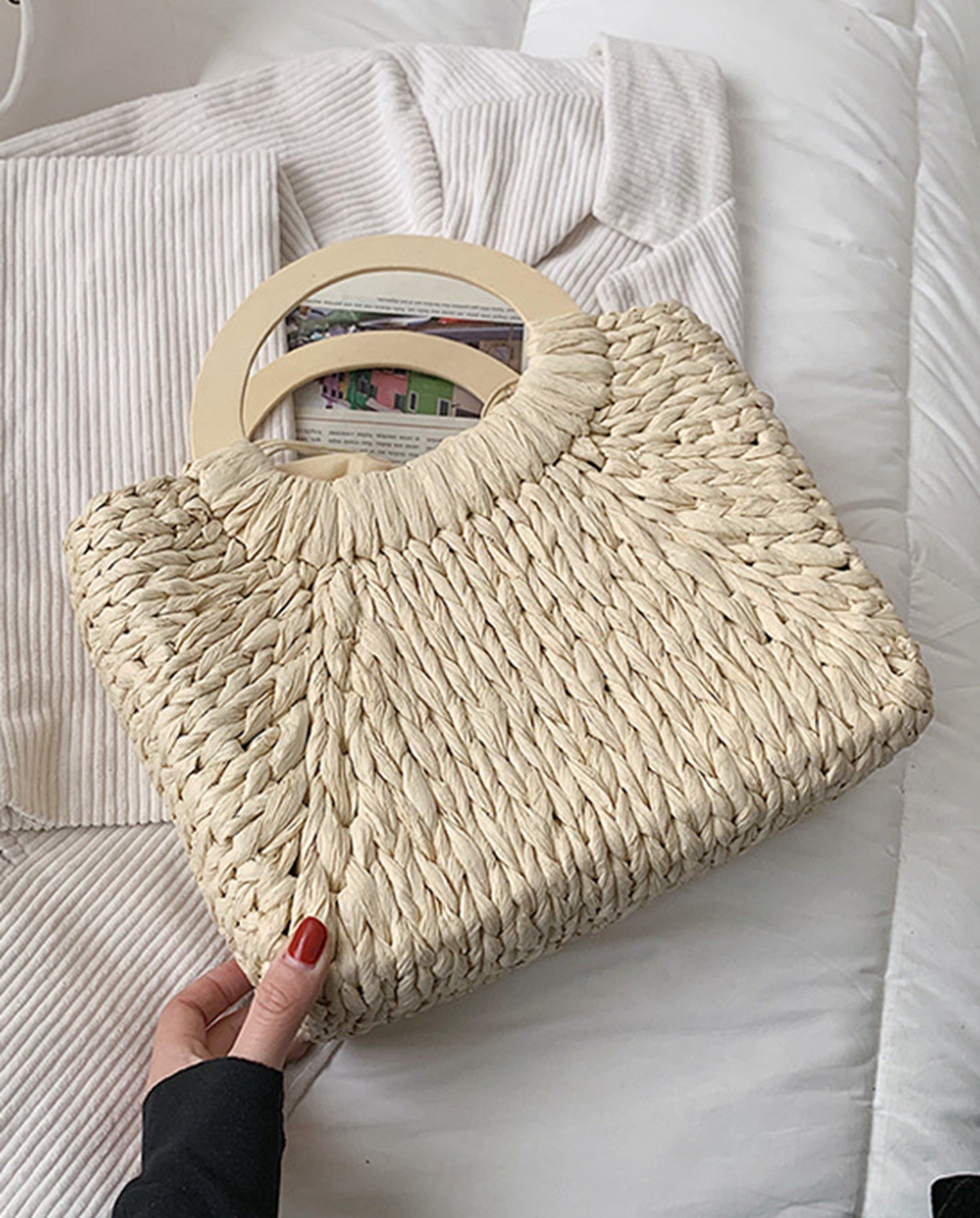 Handmade straw knitted summer beach square tote handbag