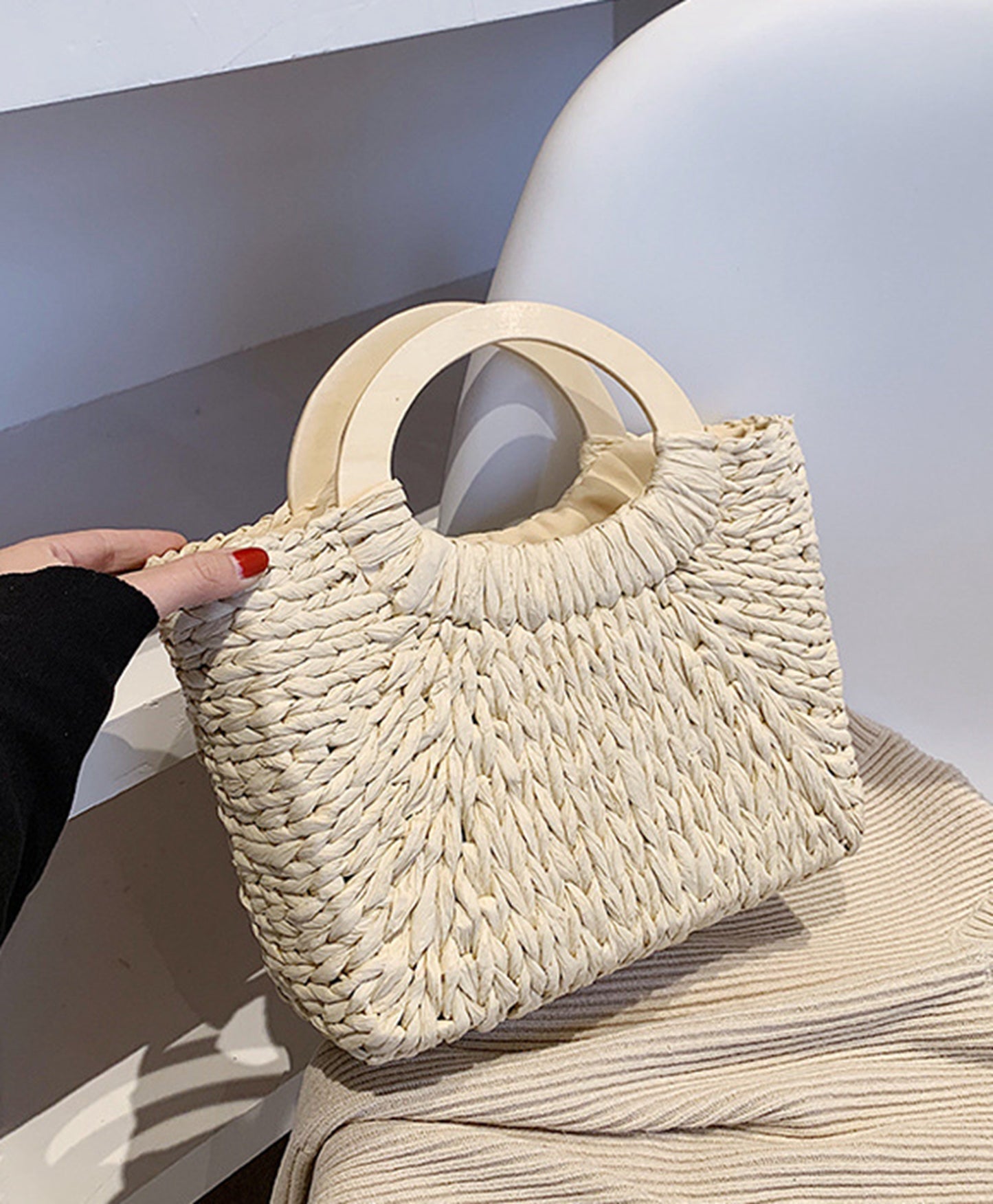 Handmade straw knitted summer beach square tote handbag