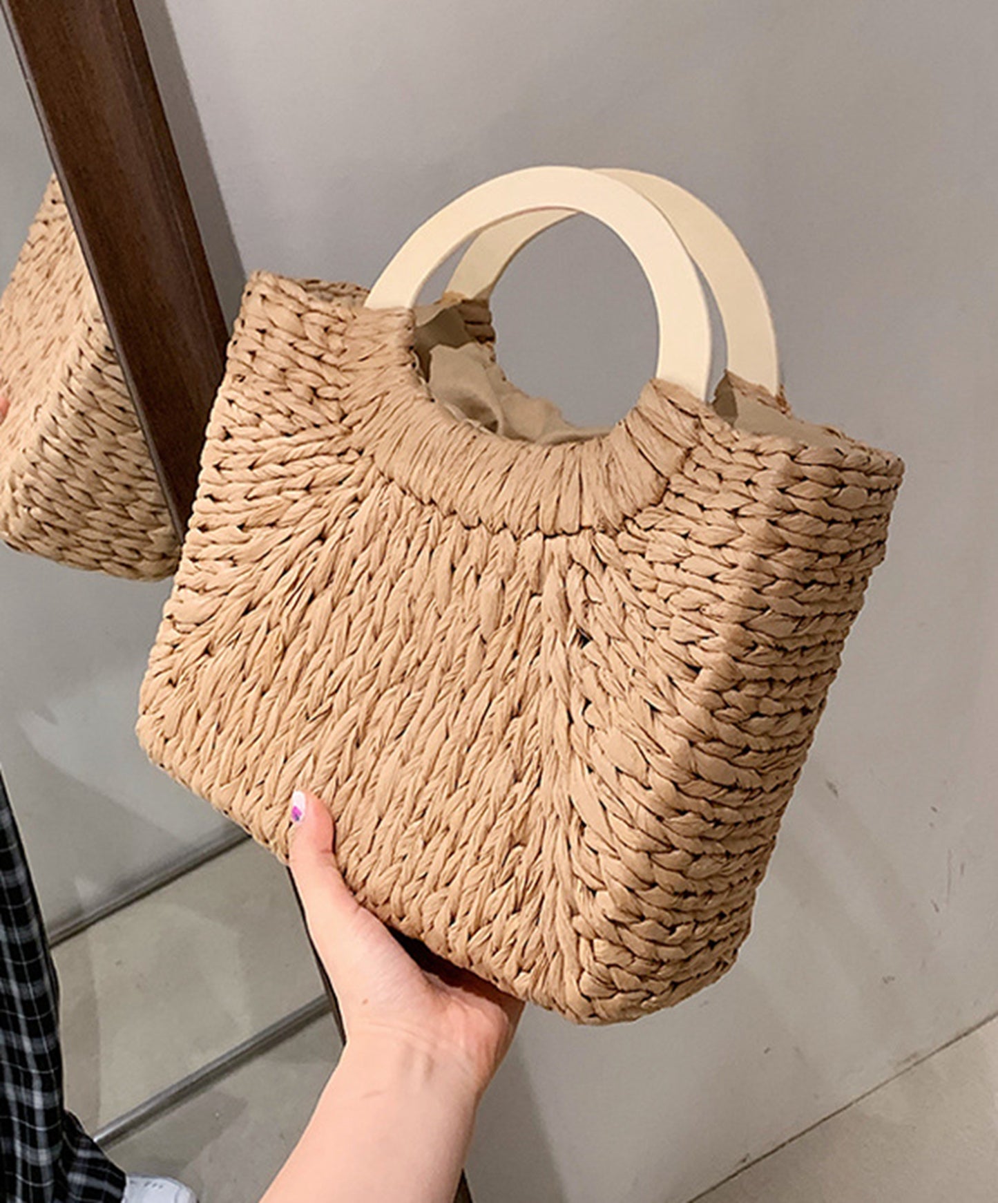 Handmade straw knitted summer beach square tote handbag