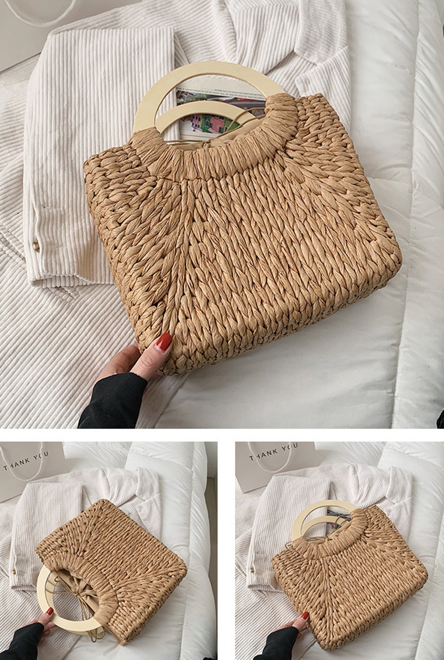 Handmade straw knitted summer beach square tote handbag